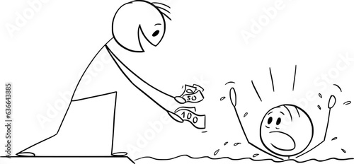 Giving Money Instead of Help, Vector Cartoon Stick Figure Illustration