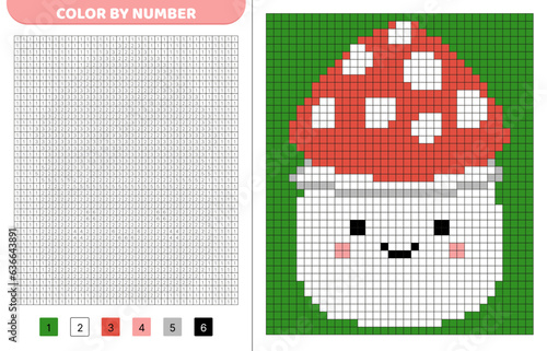 Amanita squishmallow. Color by number. Pixel coloring book. Numbered squares. Game for kids. Vector
