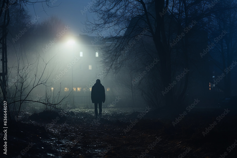 Man walking in park with lights. Man walking in park with lights.
