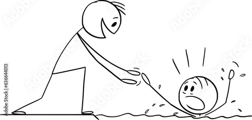 Help to Drowning Person, Vector Cartoon Stick Figure Illustration