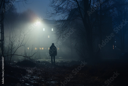 Man walking in park with lights. © pavlofox