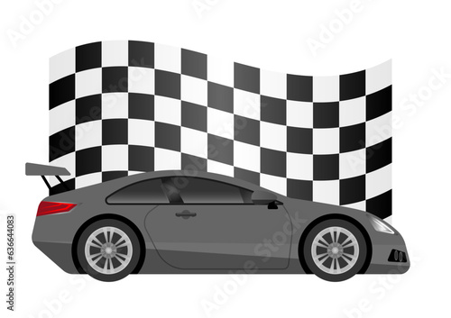 Racing Car or Sports Car with Checkered Flag. Vector Illustration. 
