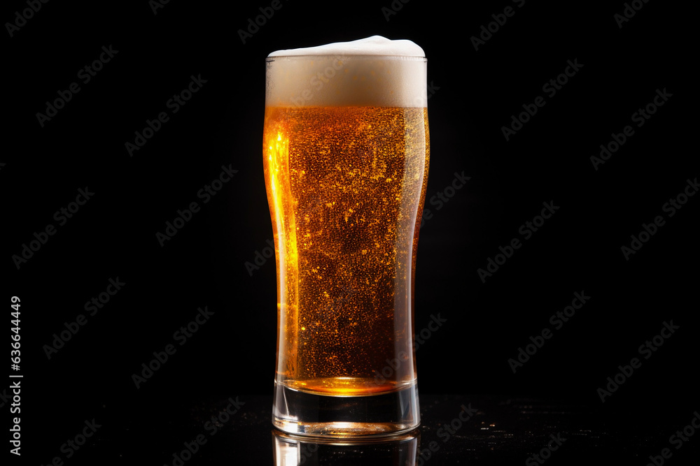 Glass of beer with foam and reflection on black.