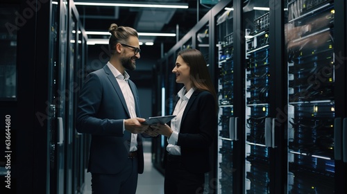 Man and woman in server room, racks, technology, internet