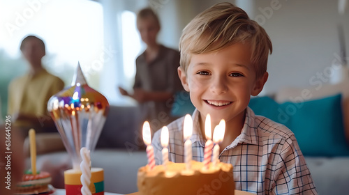 Happy adorable boy smiling and celebrating his birthday, portrait of smiling child ready to blowing out candles at his birthday party