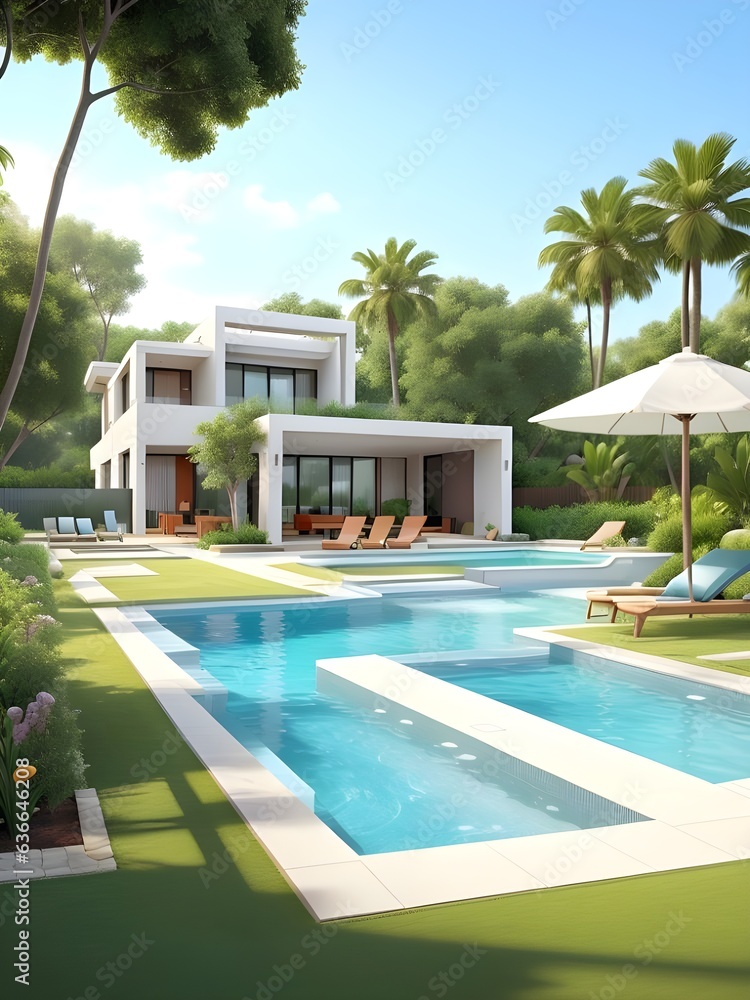 A modern resort with bea a beautiful backyard view and with swimming pool design