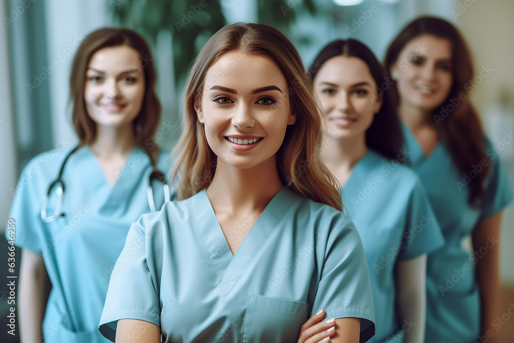 Portrait of group female nurses standing together in hospital. A group of dedicated female nurses standing united in a hospital setting, reflecting their teamwork, resilience, and commitment to care Portrait of group female nurses standing together in hospital. A group of dedicated female nurses standing united in a hospital setting, reflecting their teamwork, resilience, and commitment to care