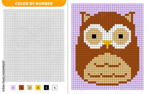 Owl squishmallow. Color by number. Pixel coloring book. Numbered squares. Game for kids. Vector