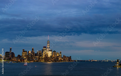 New York City Skyline at Blue Hour, Elevated, from Hoboken NJ with Sailboat