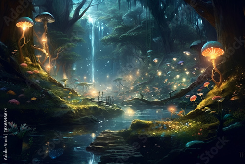 Magic dark fairy tale forest at night with glowing lights and magic mushrooms. Fantasy wonderland landscape with mushrooms. Illustration. Generative AI