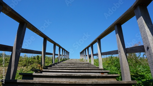 
Stairs for climbing. Rise up to achieve goals. Steps on stairs that cancel out the difference in floor and reach your goal. Construction on a dike in nature for movement.