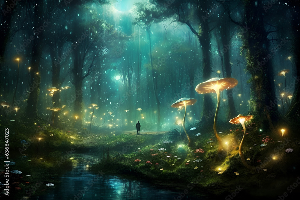 Magic dark fairy tale forest at night with glowing lights and magic mushrooms. Fantasy wonderland landscape with mushrooms. Illustration. Generative AI