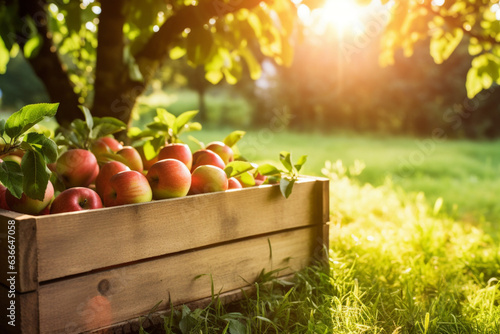 Fresh apples in a wooden box in a summer garden. AI generated
