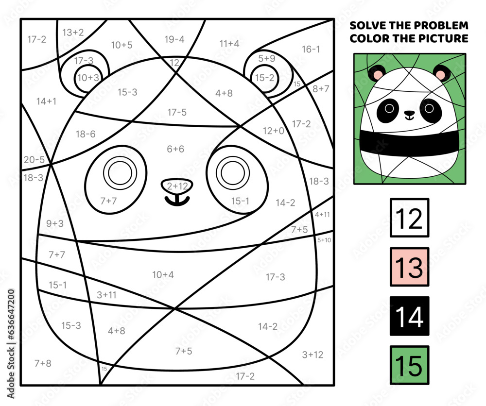 Fototapeta premium Panda. Solve the problem, color the picture. Addition, Subtraction Coloring book Vector