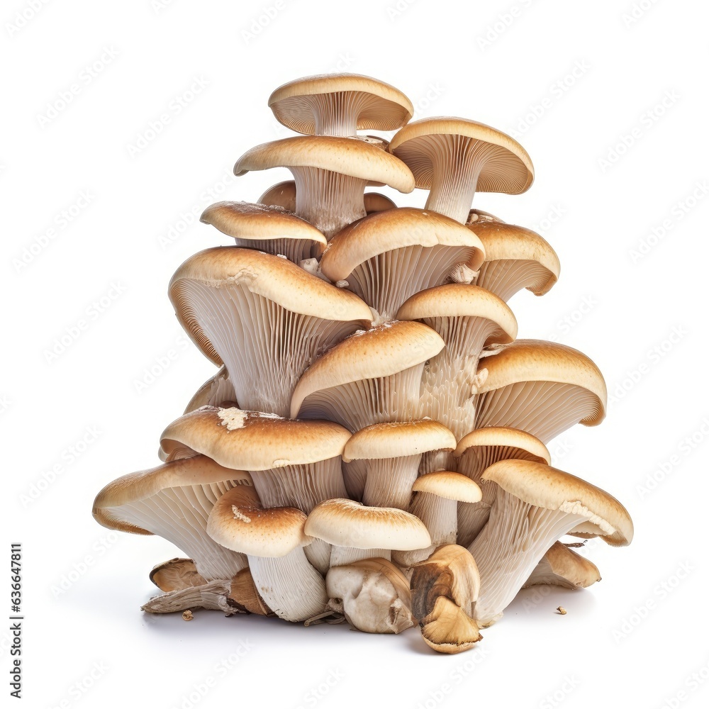 Oyster mushrooms isolated on a white background. created with Generative AI technology. Oyster mushrooms isolated on a white background. created with Generative AI technology.