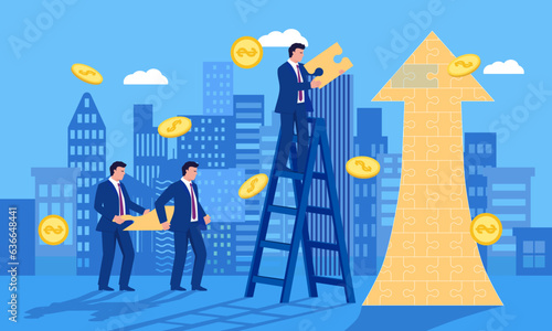 Teamwork, cooperate to build upward arrow puzzle, cooperate to increase profits