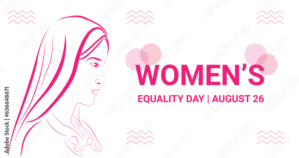 Women's Equality Day card with women's illustration beside text. Great for happy Women's day celebration
