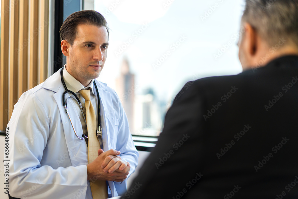 Obraz premium Man doctor wearing uniform with stethoscope service help support discussing and consulting talk to sick senior man patient about checkup result information in hospital.healthcare and medicine
