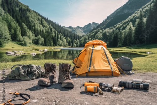 Camping tent. Camping equipment on the background of the mountain lake. Tourist equipment on the background of the mountains. Camping in the mountains.