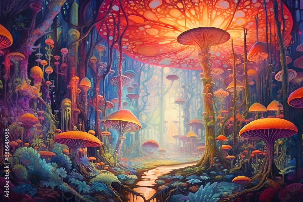 Magic dark fairy tale forest at night with glowing lights and magic ...