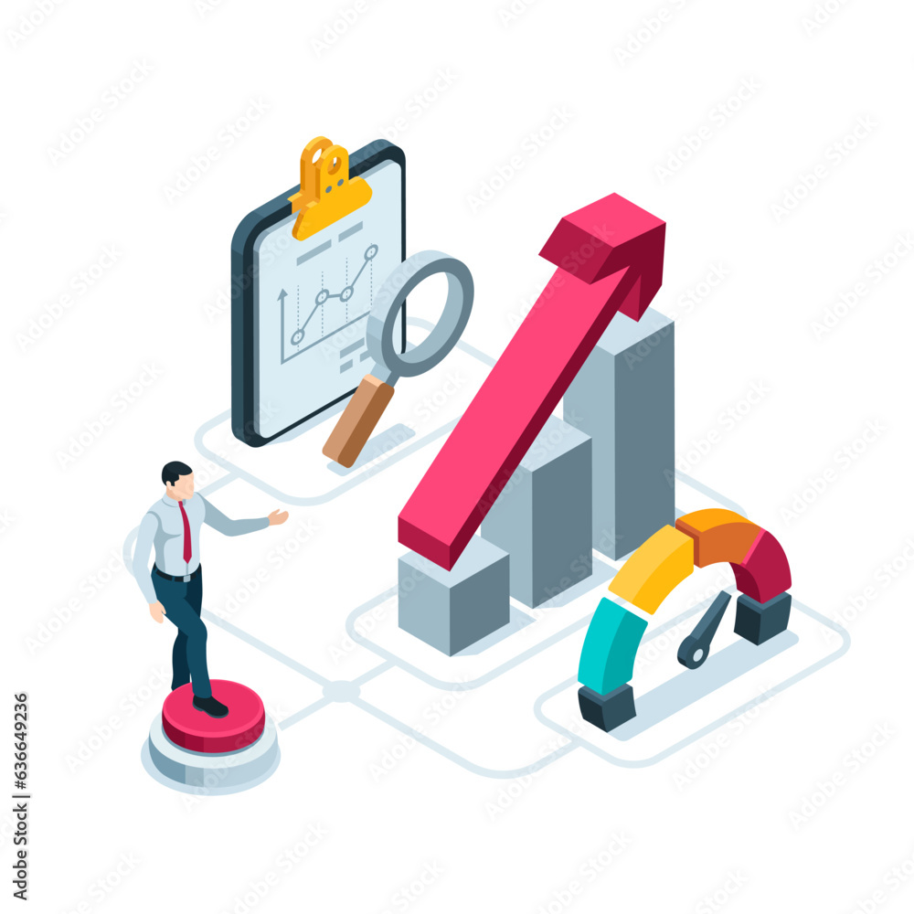isometric man presses a button near a chart with a growing arrow and a tablet with a magnifying glass in color on a white background, business success and increased performance isometric man presses a button near a chart with a growing arrow and a tablet with a magnifying glass in color on a white background, business success and increased performance