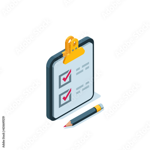 isometric tablet icon with checkmarks and pencil in color on a white background, plan or completed test