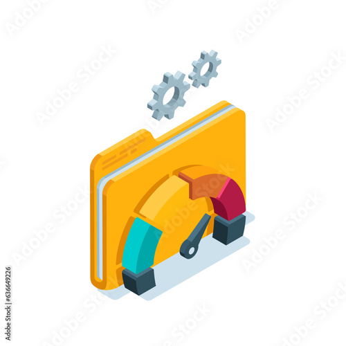 isometric folder icon and power scales in color on a white background, turbo acceleration of working with data