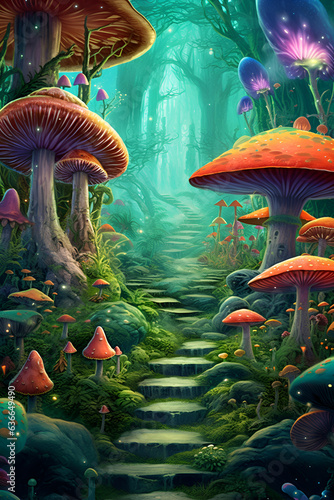 Magic dark fairy tale forest at night with glowing lights and magic mushrooms. Fantasy wonderland landscape with mushrooms. Illustration. Generative AI © fadzeyeva
