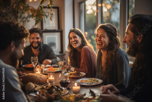 family and friends gathered around a Thanksgiving dinner table, sharing laughter and food 