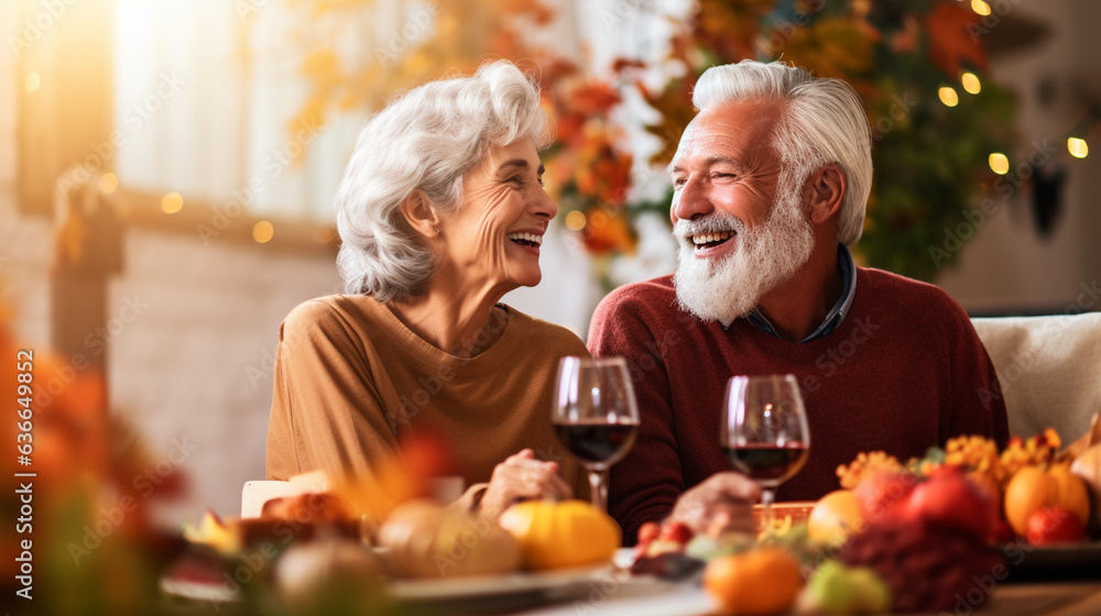 Senior Woman and Man Sharing Thanksgiving Stories and Laughter, happy seniors celebrating Thanksgiving, wide banner with copy space area Generative AI