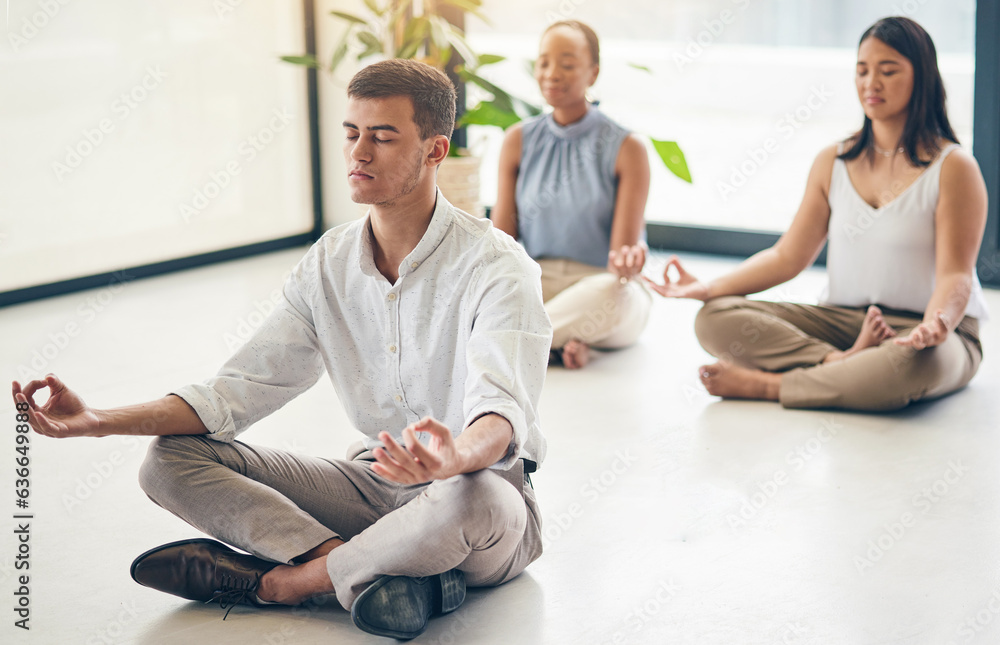 Yoga, office or business people relax in lotus pose for mental health or breathing exercise together. Corporate, wellness or calm manager in zen meditation for stress management or peace with team Yoga, office or business people relax in lotus pose for mental health or breathing exercise together. Corporate, wellness or calm manager in zen meditation for stress management or peace with team