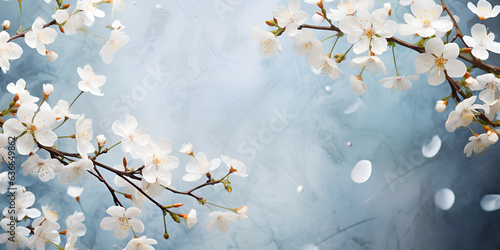 Springtime nature background with close up of cherry blossom on blue background  frame. Spring outdoor nature concept   Springtime blossom. White cherry spring blossom  generative AI