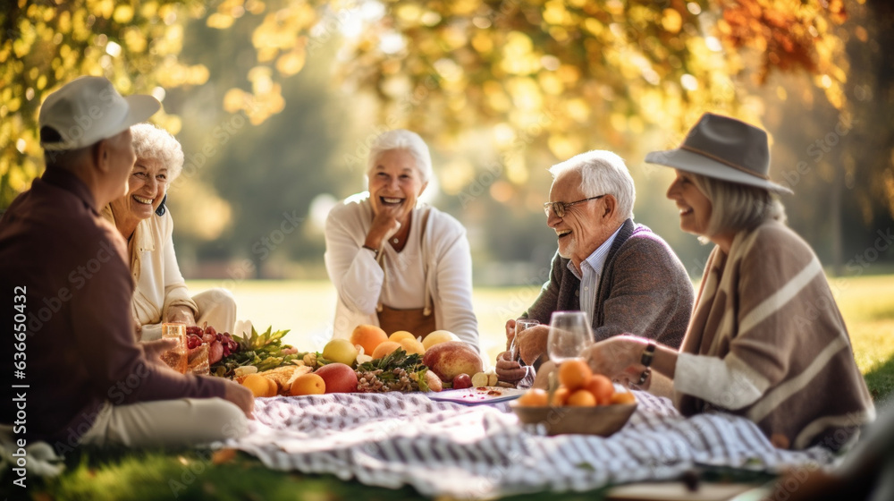 Group of Seniors Enjoying a Thanksgiving Picnic in a Beautiful Park, Connecting and Celebrating, happy seniors celebrating Thanksgiving, wide banner with copy space area Generative AI