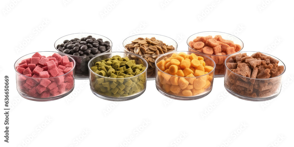 Set of pet food. Pet food in bowls isolated on transparent background Set of pet food. Pet food in bowls isolated on transparent background