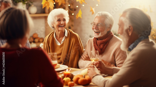 Seniors Engaging in a Thanksgiving Storytelling Session  Sharing Life Experiences  happy seniors celebrating Thanksgiving  wide banner with copy space area Generative AI