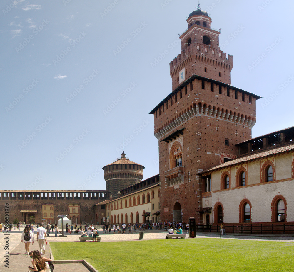 Brick tower of the Castello Sforzesco in Milan