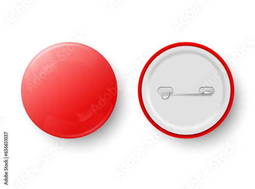 Red pin button, vector. Pin button set. Collection of realistic pin buttons. Red blank badge pin brooch isolated on white background. 3D vector style. Web button.