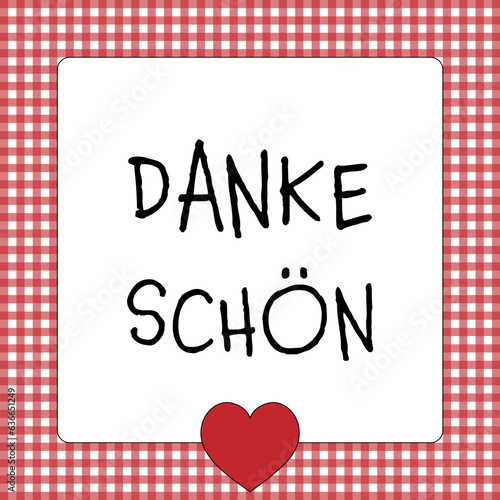 Dankeschön - Schriftzug in deutscher Sprache. Quadratische Dankeskarte mit Herz und rot-weiß kariertem Rand.