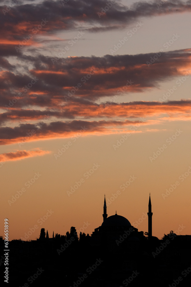 Golden hours sunset reverse light with mosque silhouette and seagull and plane. Mosque Ramadan concept. Eid Mubarak. Selective focus. Open space area.