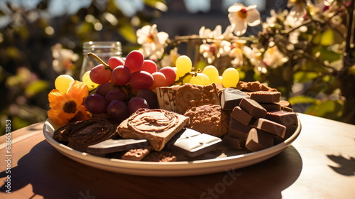 dessert grazing platter with grapes, fruit, chocolate and crackers in outside sunshine with flowers in garden