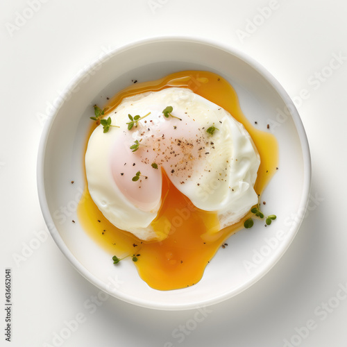 Close up of fried egg on the white plate
