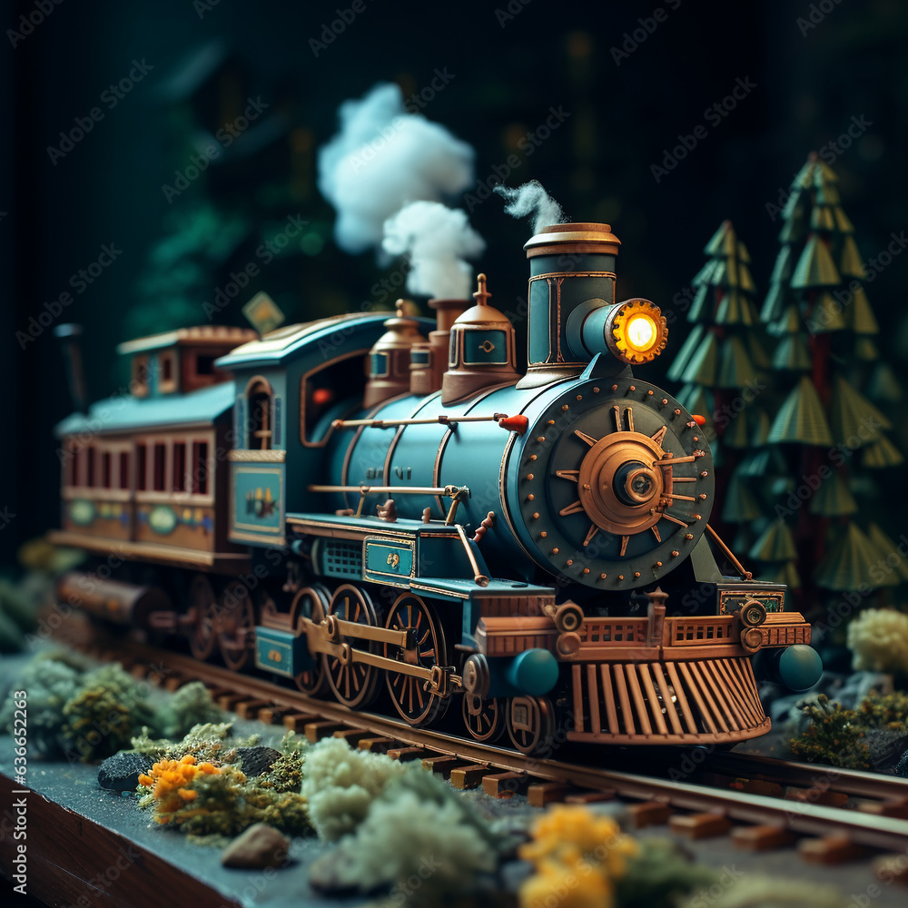 Children's colorful toy train with a trailer on the railway. AI Generation Children's colorful toy train with a trailer on the railway. AI Generation
