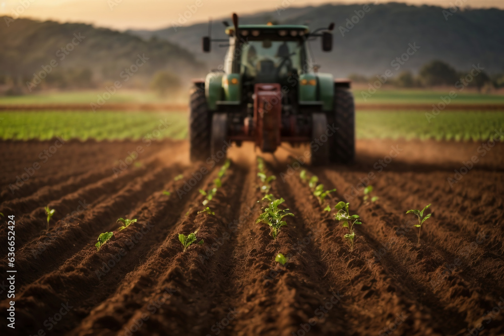Fototapeta premium tractor preparing land with seedbed cultivator as part of pre seeding activities in early spring season of agricultural works at farmlands.