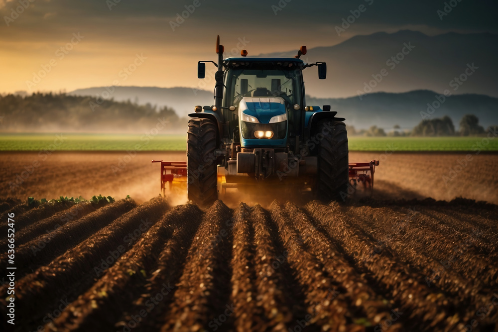 Fototapeta premium tractor preparing land with seedbed cultivator as part of pre seeding activities in early spring season of agricultural works at farmlands.