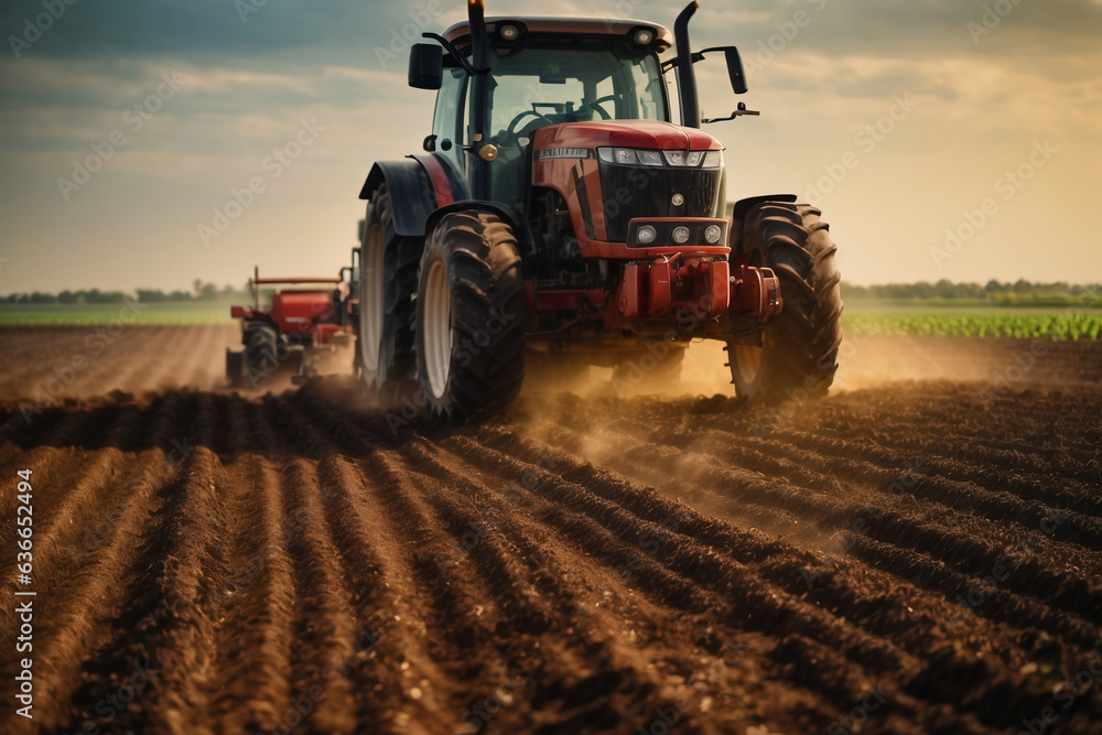 tractor preparing land with seedbed cultivator as part of pre seeding activities in early spring season of agricultural works at farmlands. tractor preparing land with seedbed cultivator as part of pre seeding activities in early spring season of agricultural works at farmlands.