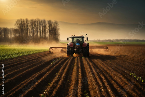 tractor preparing land with seedbed cultivator as part of pre seeding activities in early spring season of agricultural works at farmlands. © ahmed