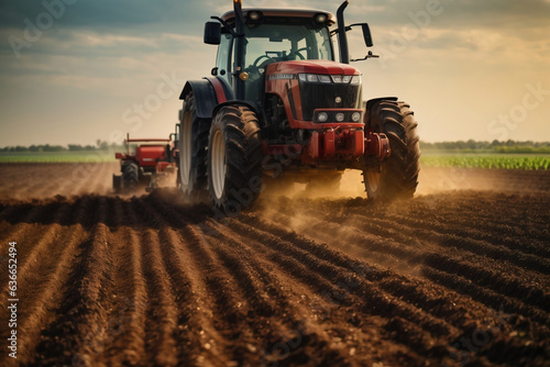 tractor preparing land with seedbed cultivator as part of pre seeding activities in early spring season of agricultural works at farmlands.