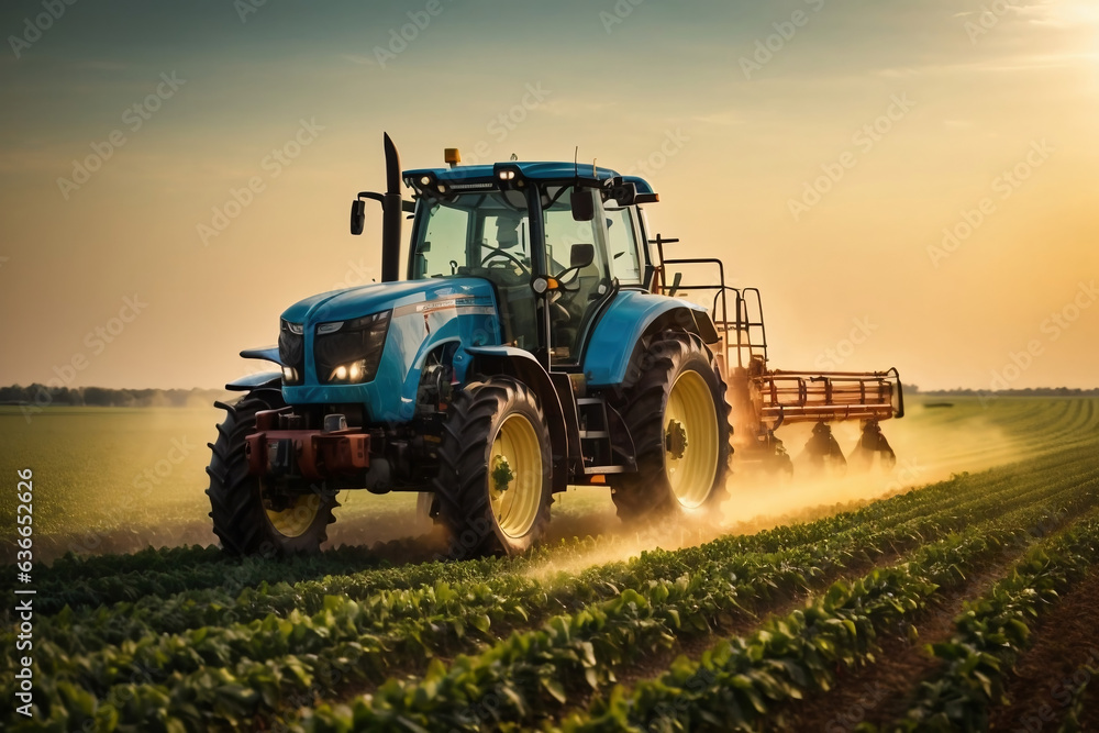 Tractor spraying pesticides on soybean field with sprayer at spring Tractor spraying pesticides on soybean field with sprayer at spring