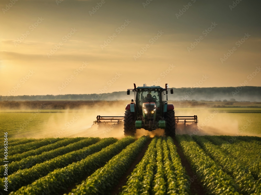 Tractor spraying pesticides on soybean field with sprayer at spring Tractor spraying pesticides on soybean field with sprayer at spring