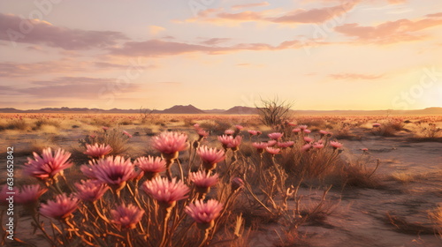 wildflowers in desert with dawn sunrise pink sky
